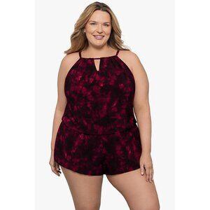 Aqua Green Romper Swimsuit Womens 20W Burgundy High Neck Pockets One Piece NWT